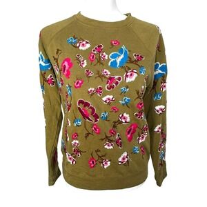 RAGE Womens Large Vintage Green Pink Blue Embroidered Floral Sweatshirt Art Boho